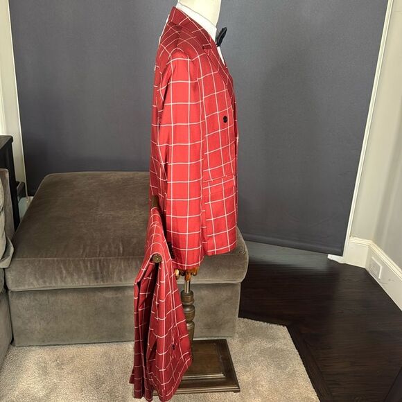 Men’s Check Plaid 3 Piece Suit Double Breasted Peak Lapel 42 Jacket 38 Pants NEW - Picture 3 of 16